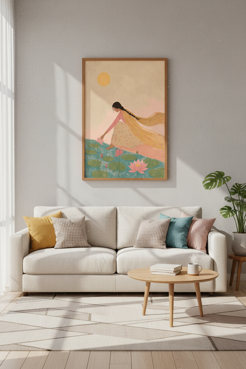 Indian Woman Lotus Pond Wall Art | South Asian Decor Decor | Boho Floral Poster