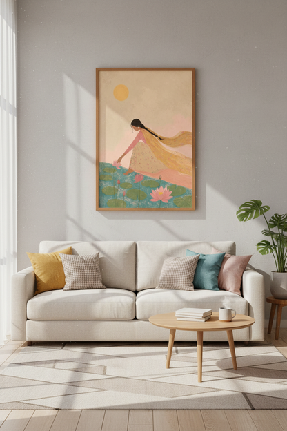 Indian Woman Lotus Pond Wall Art | South Asian Decor Decor | Boho Floral Poster