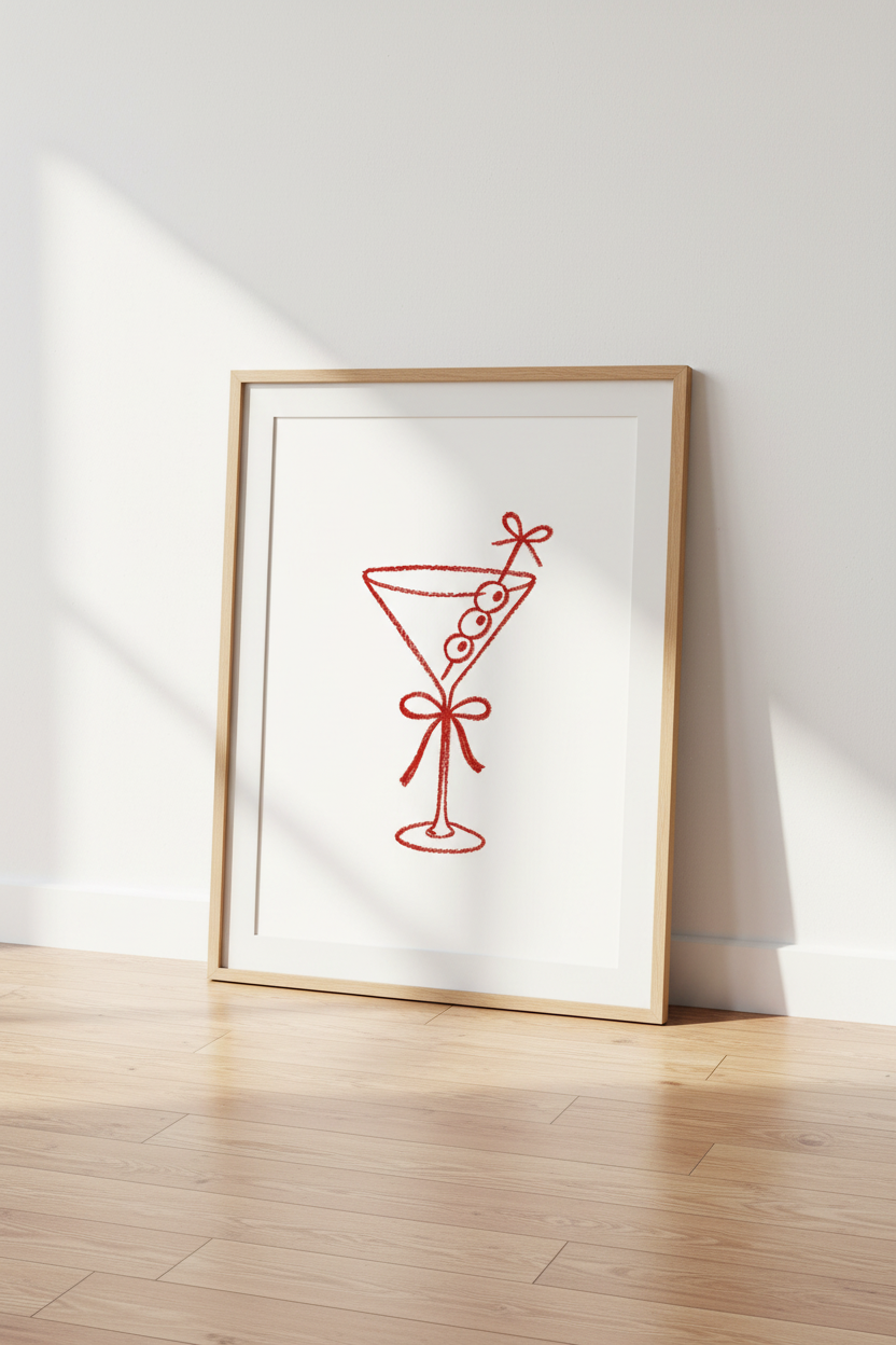 Martini Bow Wall Art Print | Red Coquette Bar Cart Decor | Minimalist Poster