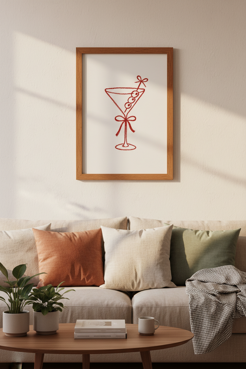 Martini Bow Wall Art Print | Red Coquette Bar Cart Decor | Minimalist Poster