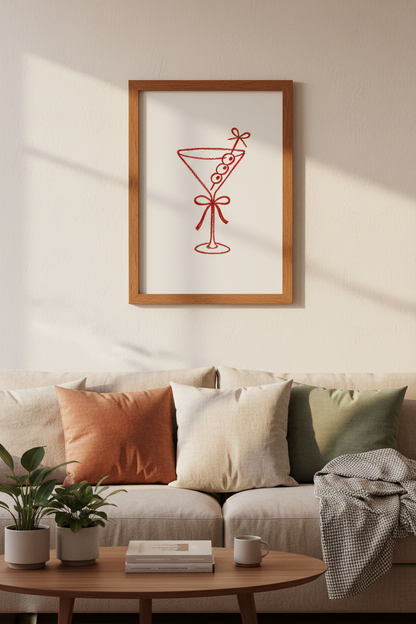 Martini Bow Wall Art Print | Red Coquette Bar Cart Decor | Minimalist Poster