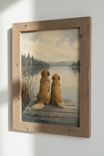 Golden Retriever Lake Decor | Impressionist Dog Oil Painting | Rustic Living Room Poster