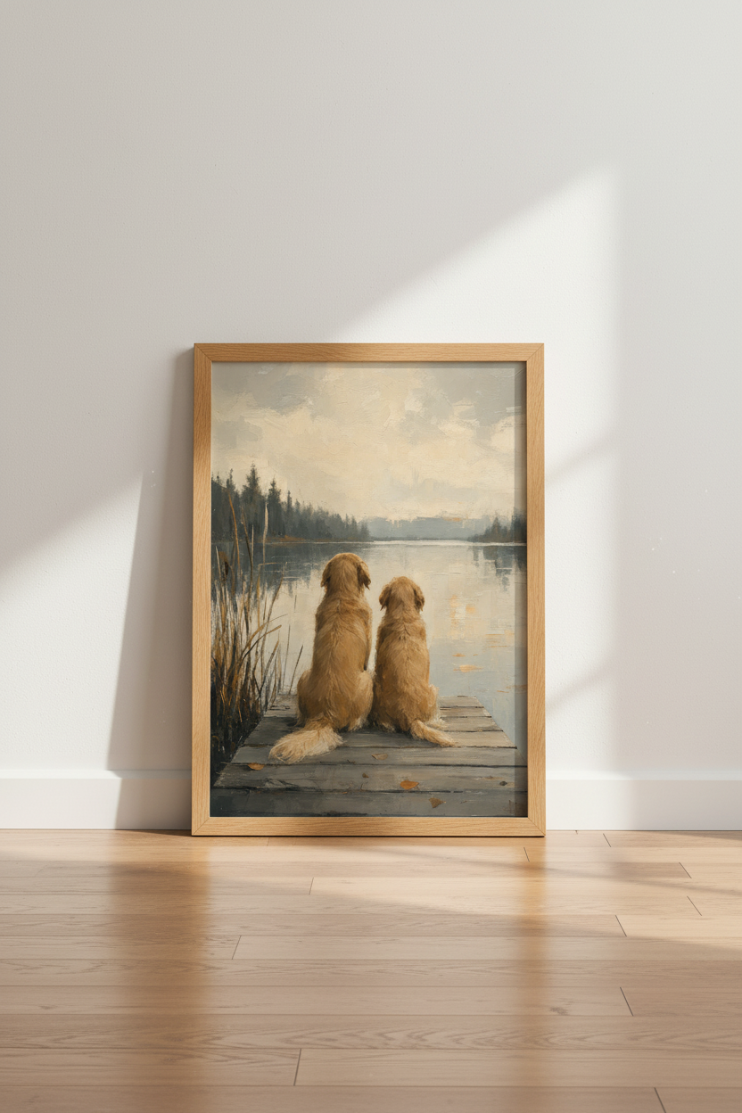 Golden Retriever Lake Decor | Impressionist Dog Oil Painting | Rustic Living Room Poster