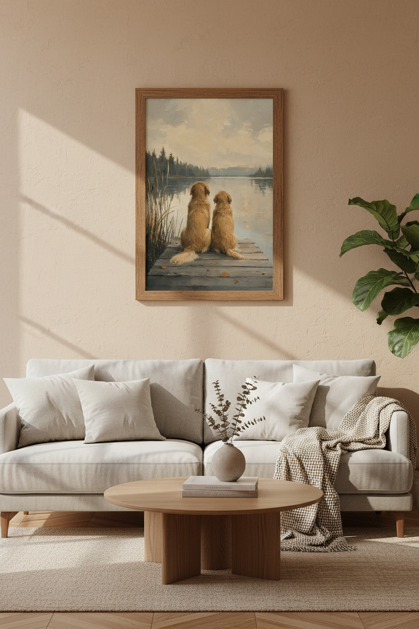 Golden Retriever Lake Decor | Impressionist Dog Oil Painting | Rustic Living Room Poster
