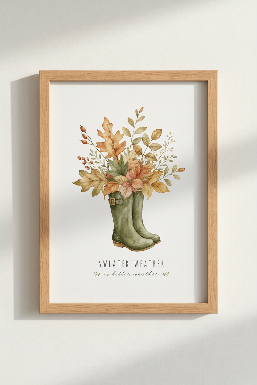 Watercolor Autumn Boots Wall Art Print | Fall Home Decor | Cottagecore Poster