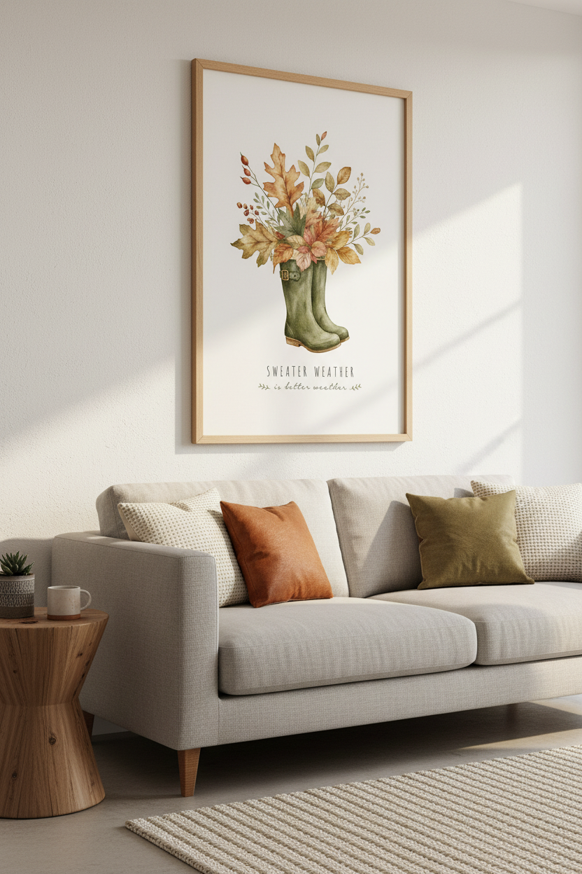 Watercolor Autumn Boots Wall Art Print | Fall Home Decor | Cottagecore Poster