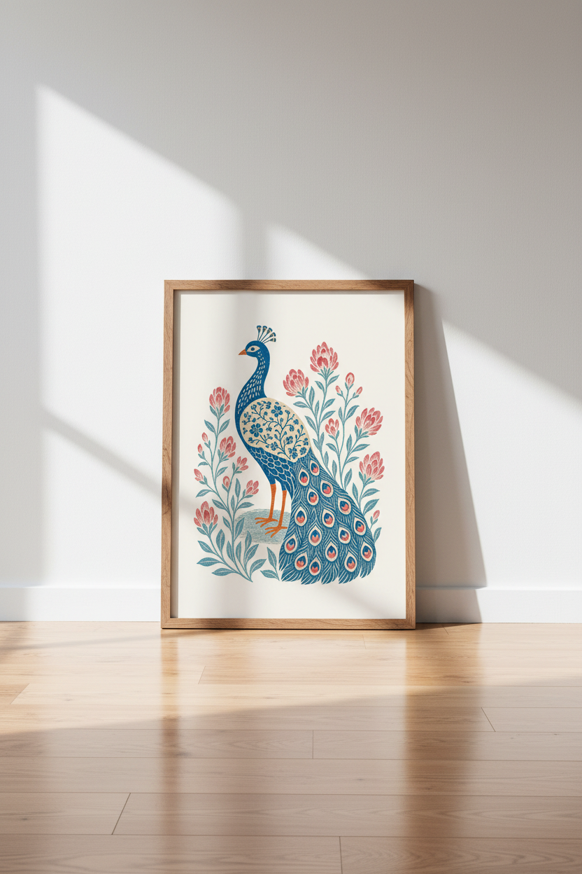 Folk Art Peacock Wall Art | Blue Floral Bird Poster, Living Room Decor