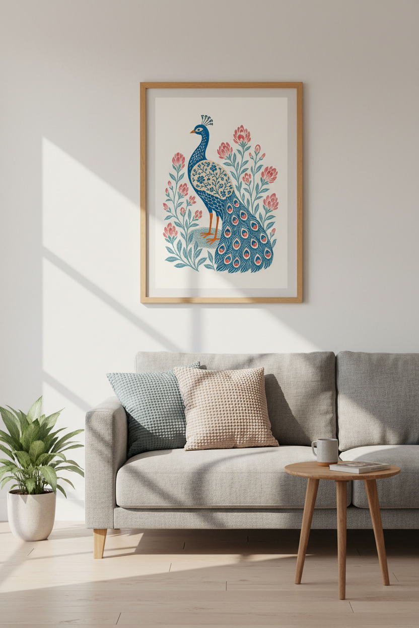 Folk Art Peacock Wall Art | Blue Floral Bird Poster, Living Room Decor