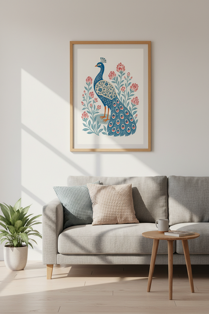 Folk Art Peacock Wall Art | Blue Floral Bird Poster, Living Room Decor