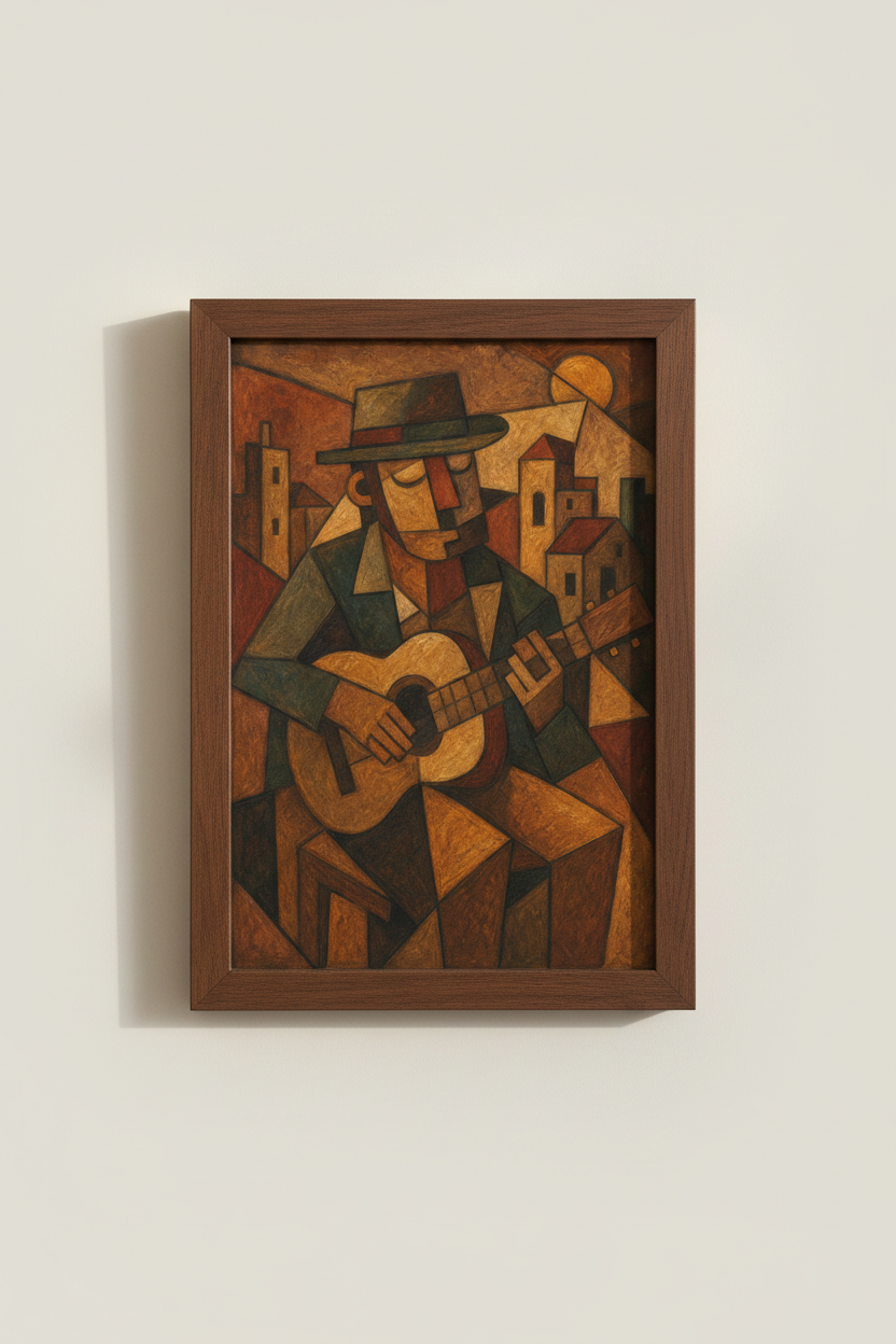 cubist guitar wall art | Warm earthy palette, living room decor | poster