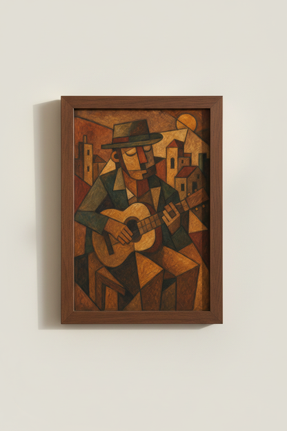 cubist guitar wall art | Warm earthy palette, living room decor | poster