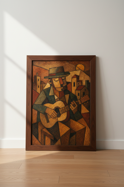 cubist guitar wall art | Warm earthy palette, living room decor | poster