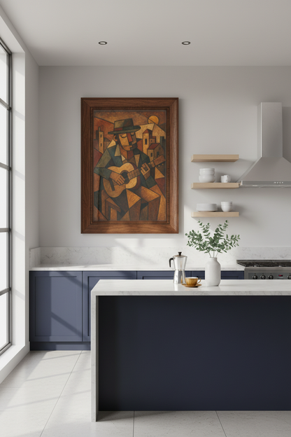cubist guitar wall art | Warm earthy palette, living room decor | poster