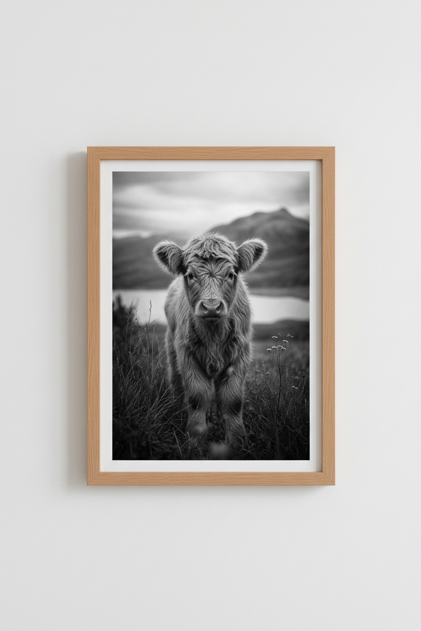 Highland Cow Wall Art Print | Farmhouse Decor | Rustic Black and White Poster