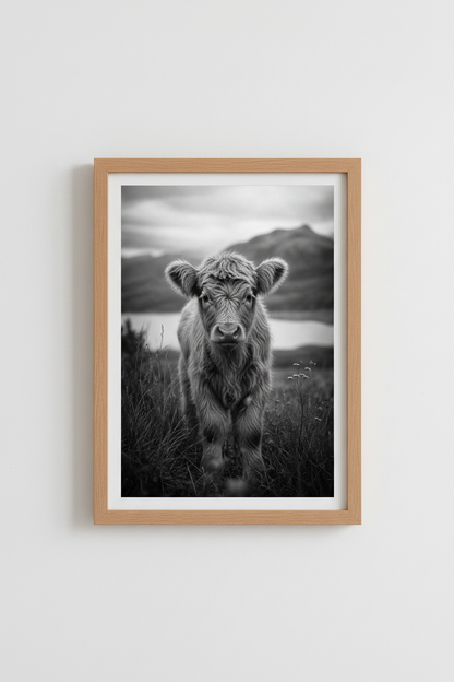 Highland Cow Wall Art Print | Farmhouse Decor | Rustic Black and White Poster