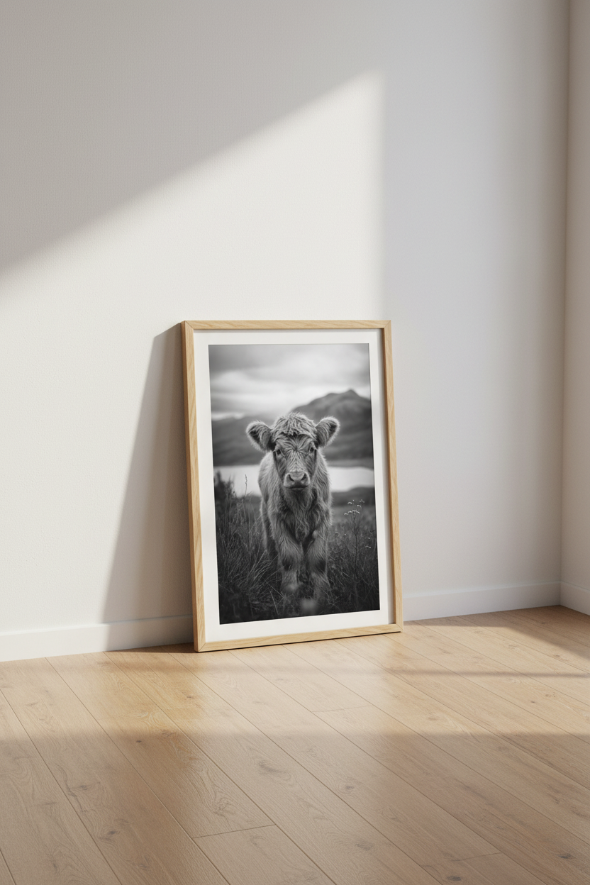 Highland Cow Wall Art Print | Farmhouse Decor | Rustic Black and White Poster