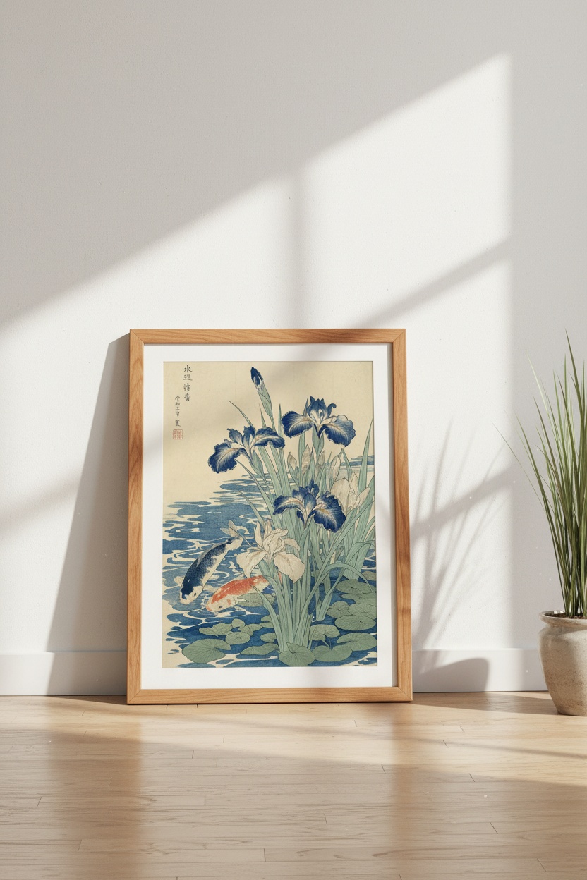 Koi Fish &amp; Iris Japanese Wall Art | Vintage Woodblock Style, Zen Decor