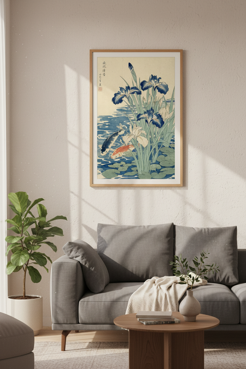 Koi Fish &amp; Iris Japanese Wall Art | Vintage Woodblock Style, Zen Decor