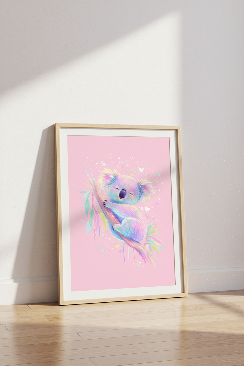 Koala Nursery Wall Art | Pastel Rainbow Animal Decor | Whimsical Nursery Poster