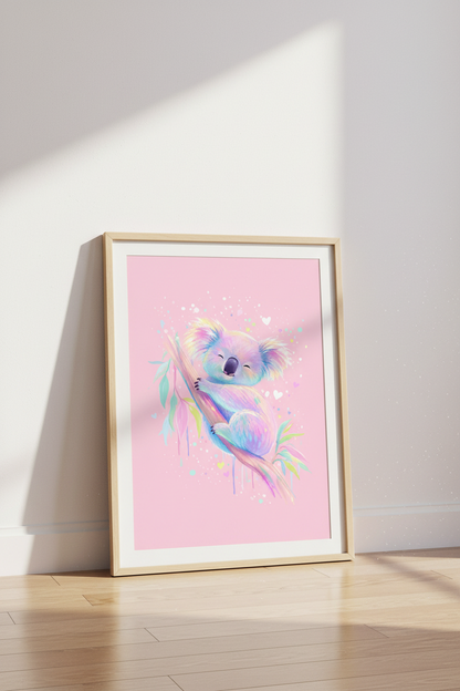 Koala Nursery Wall Art | Pastel Rainbow Animal Decor | Whimsical Nursery Poster