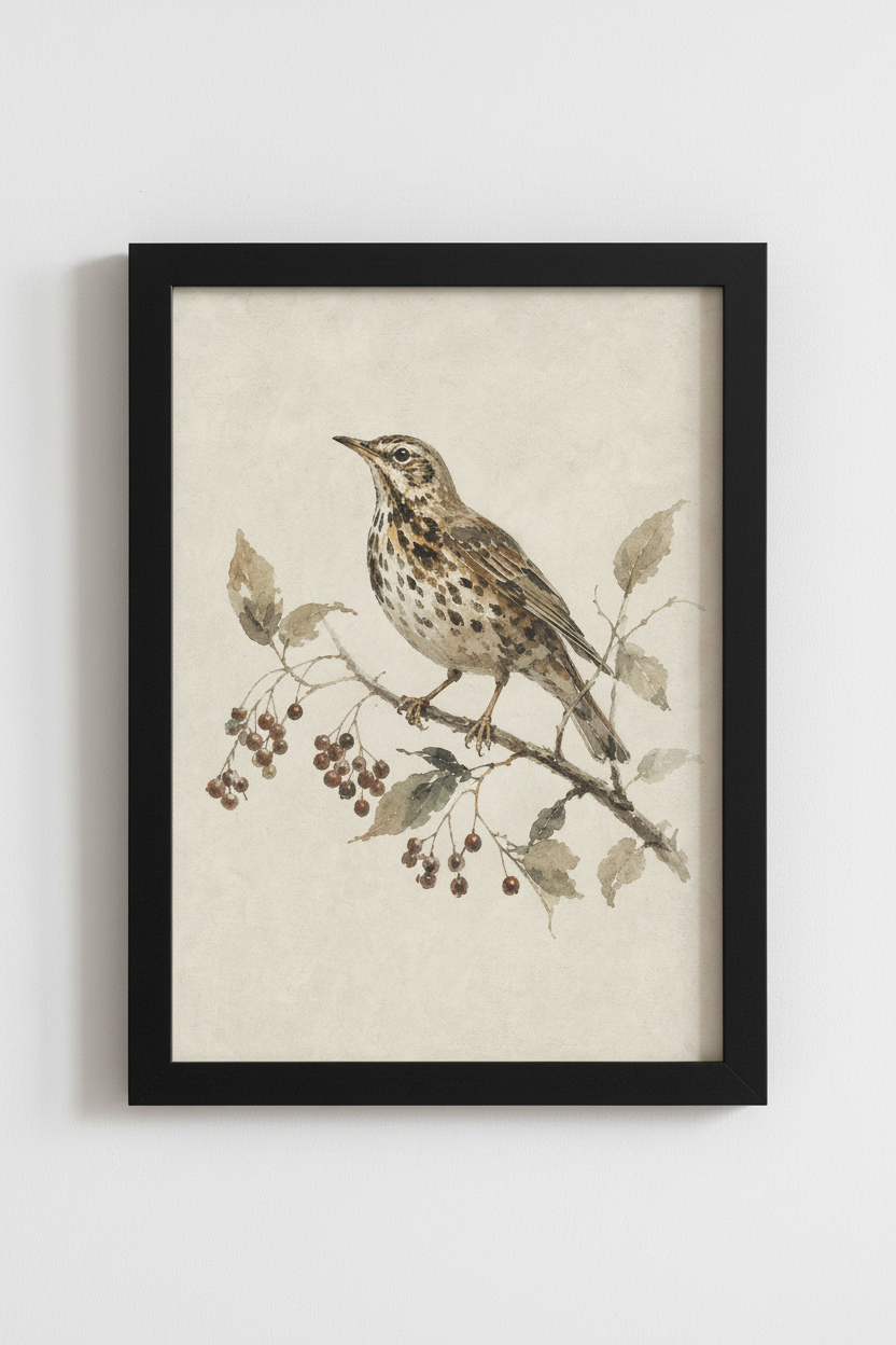 Vintage Songbird Watercolor Art | Muted Earth Tones, Farmhouse Bedroom Wall Decor