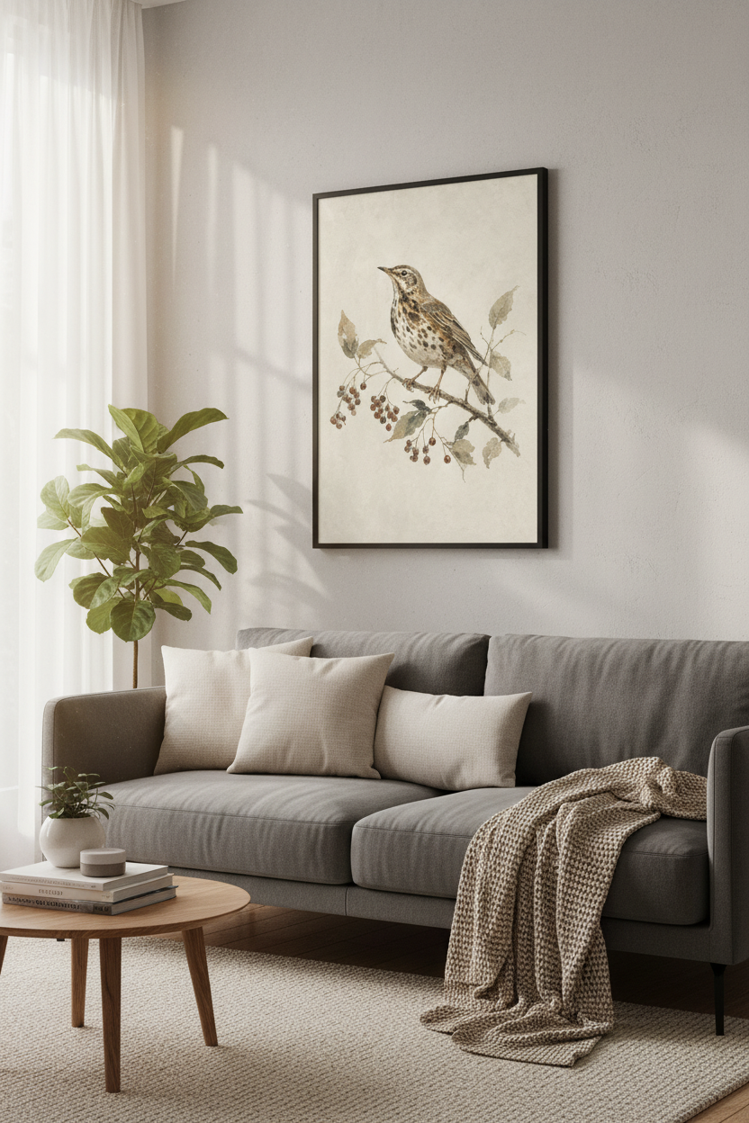 Vintage Songbird Watercolor Art | Muted Earth Tones, Farmhouse Bedroom Wall Decor
