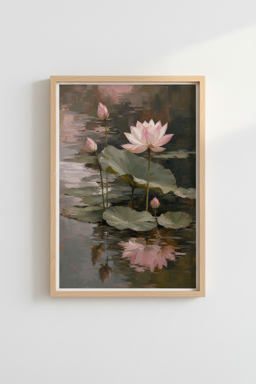 Lotus Flower Oil Painting | Pink Floral Pond Decor | Impressionist Nature Poster