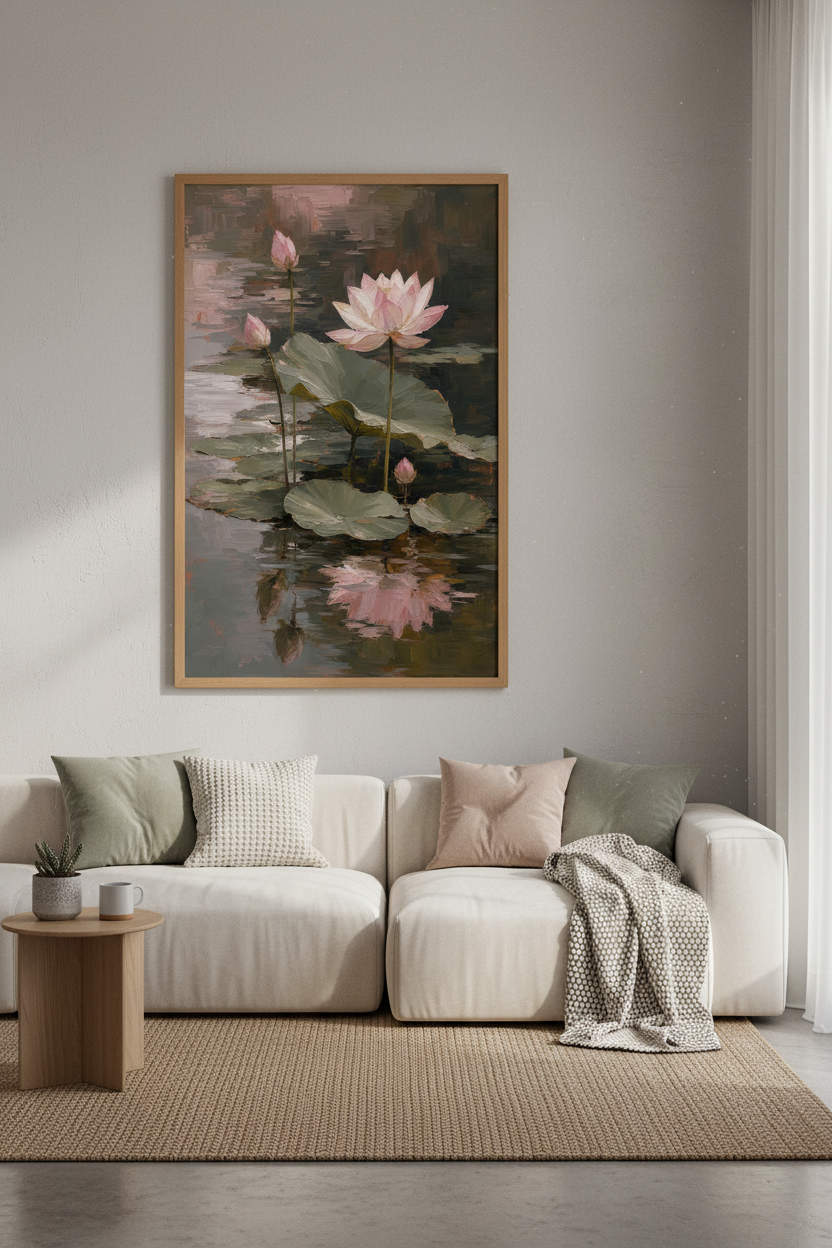 Lotus Flower Oil Painting | Pink Floral Pond Decor | Impressionist Nature Poster