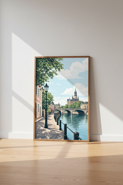 European Cityscape | Pastel Castle River Scene, Living Room Travel Poster