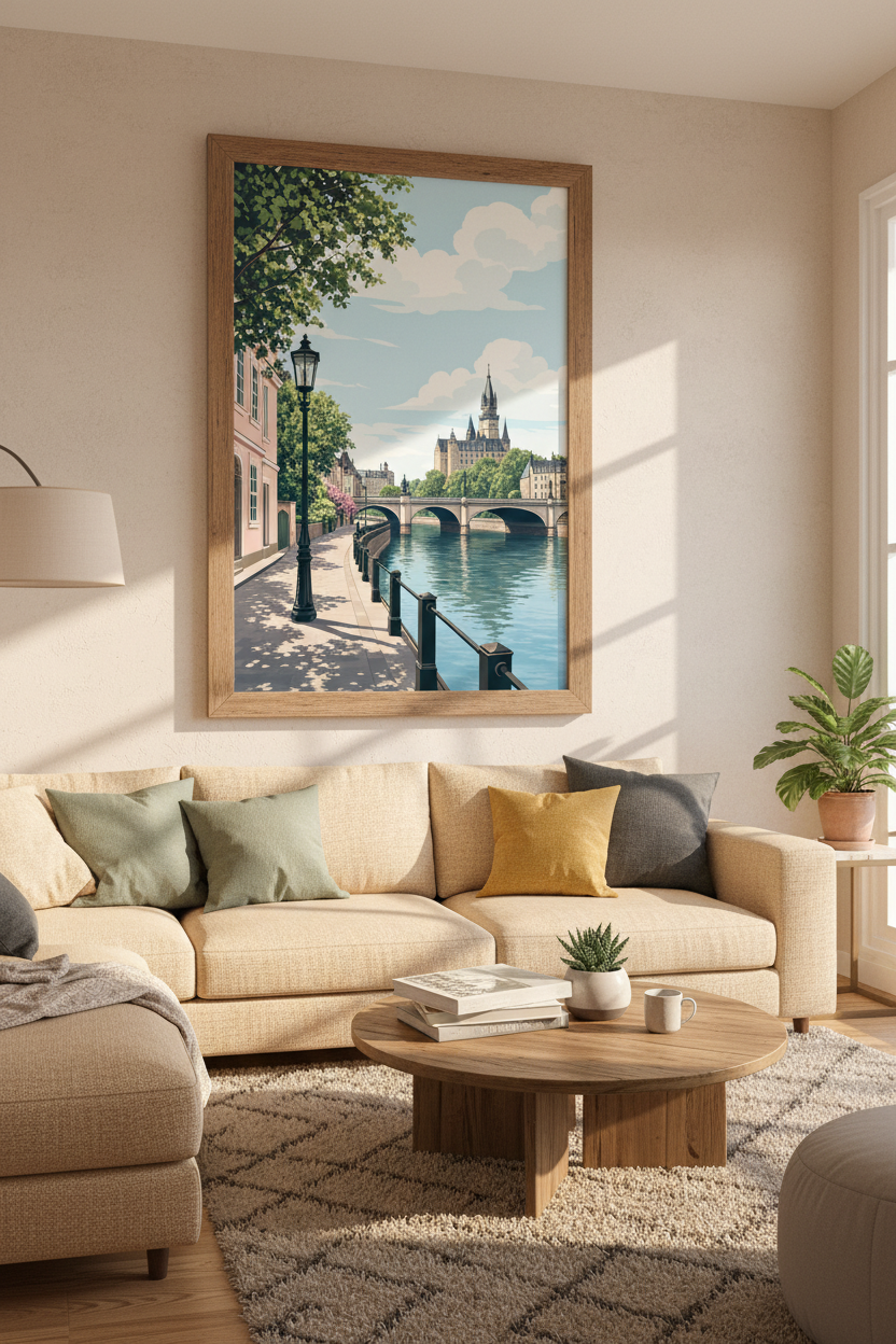 European Cityscape | Pastel Castle River Scene, Living Room Travel Poster