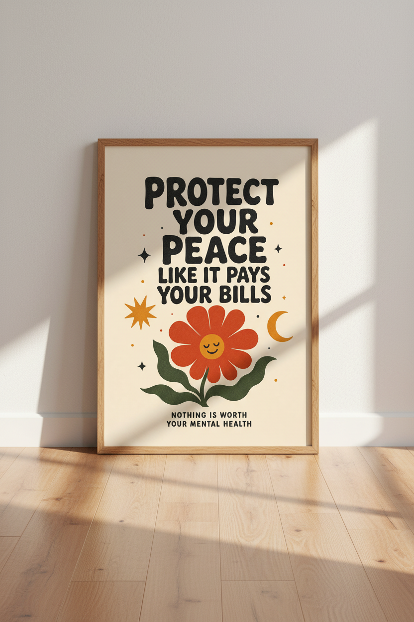 Protect Your Peace Wall Art | Retro Mental Health Poster, Groovy Bedroom Decor
