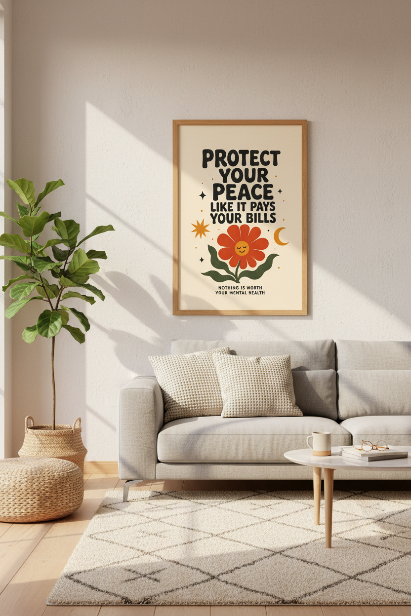 Protect Your Peace Wall Art | Retro Mental Health Poster, Groovy Bedroom Decor