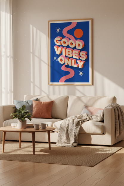 Good Vibes Only Wall Art | Retro Pink &amp; Blue Aesthetic Poster | Eclectic Home Decor