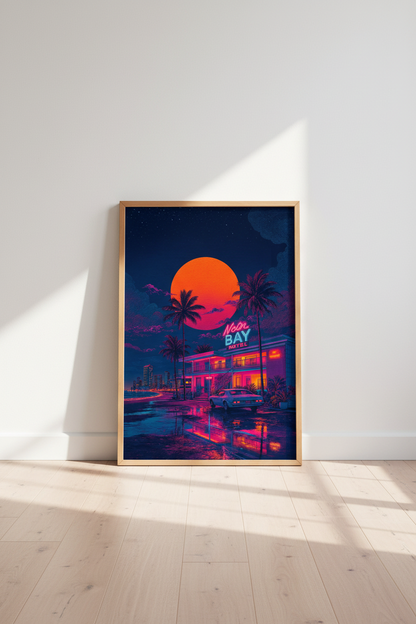 Neon Bay Motel Retro Sunset Wall Art | 80s Synthwave Poster | Vaporwave Decor