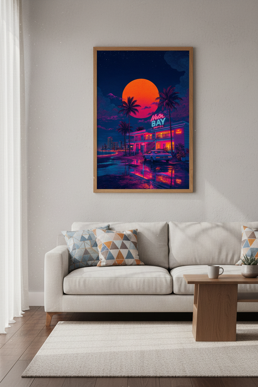 Neon Bay Motel Retro Sunset Wall Art | 80s Synthwave Poster | Vaporwave Decor