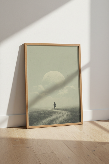 Lone Traveler Moon Art | Surreal Sage Green Print, Minimalist Room Decor