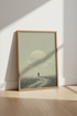 Lone Traveler Moon Art | Surreal Sage Green Print, Minimalist Room Decor