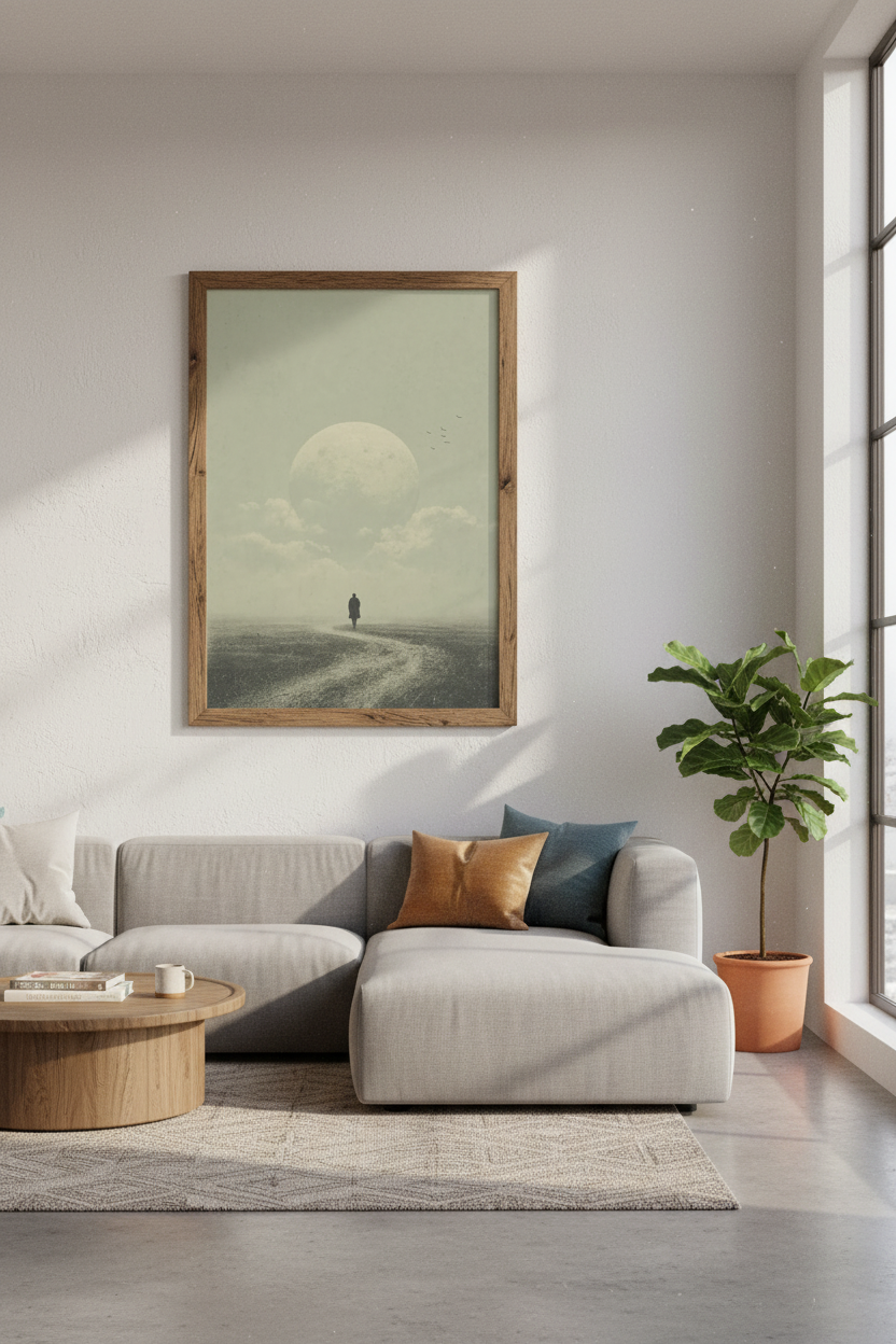 Lone Traveler Moon Art | Surreal Sage Green Print, Minimalist Room Decor
