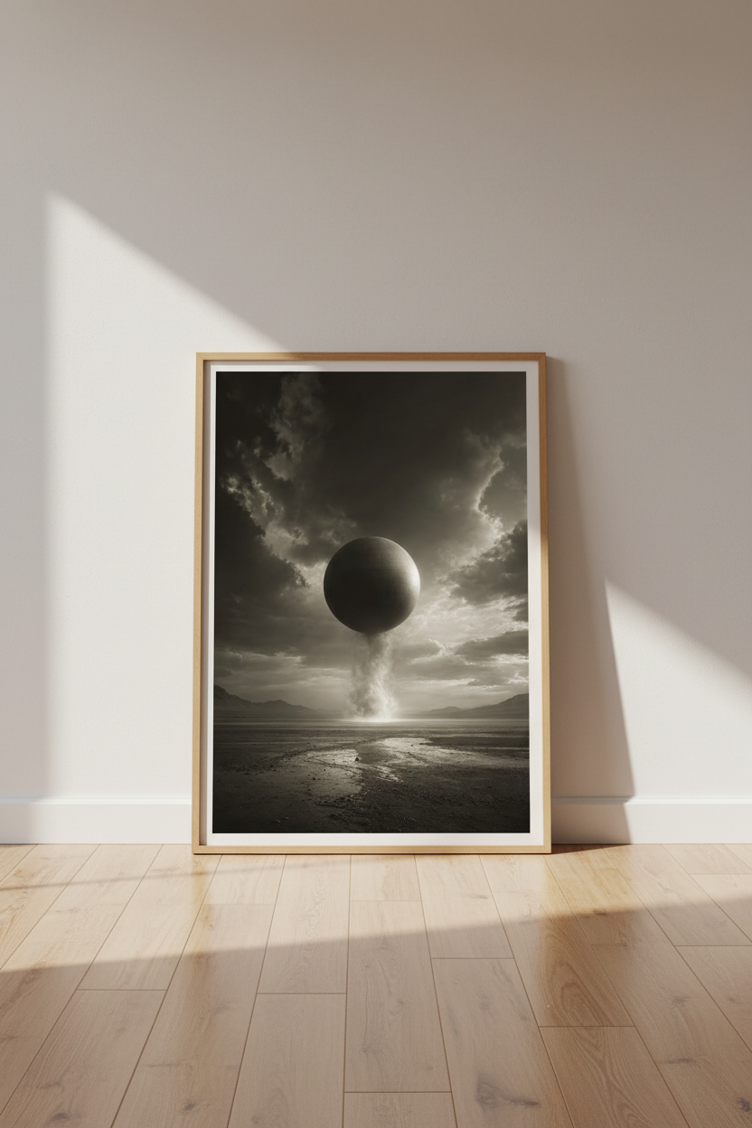 Surreal Sphere Landscape Wall Art | Sci-Fi Minimalist Poster, Dark Academia Decor