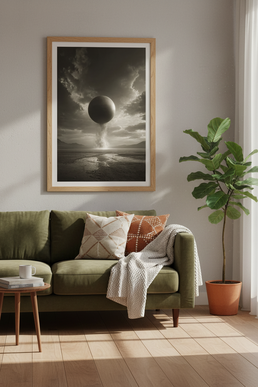 Surreal Sphere Landscape Wall Art | Sci-Fi Minimalist Poster, Dark Academia Decor