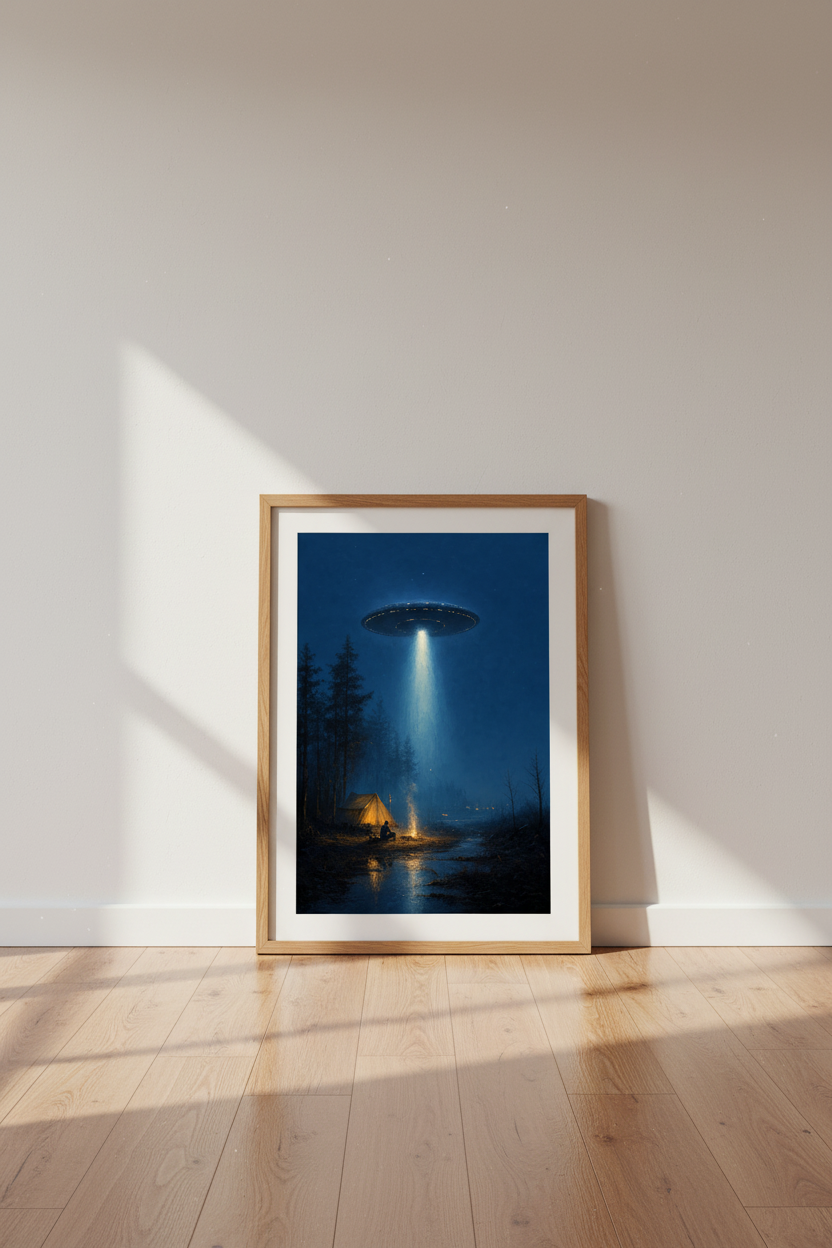 UFO Camping Oil Painting | Moody Blue Night Forest Decor | Sci-Fi Poster