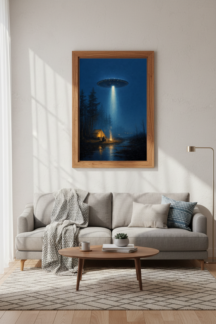 UFO Camping Oil Painting | Moody Blue Night Forest Decor | Sci-Fi Poster
