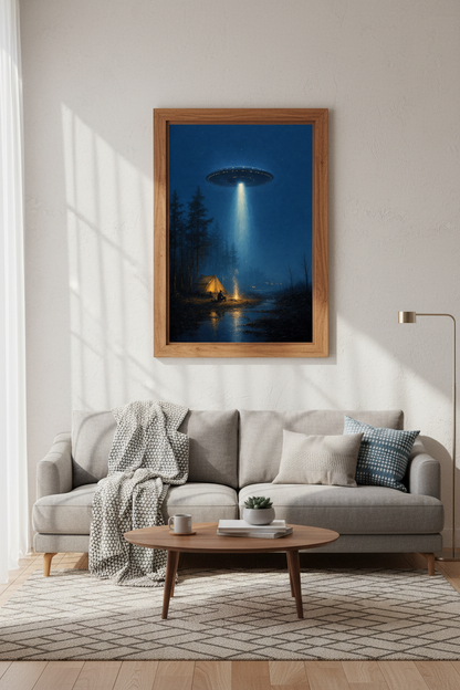 UFO Camping Oil Painting | Moody Blue Night Forest Decor | Sci-Fi Poster
