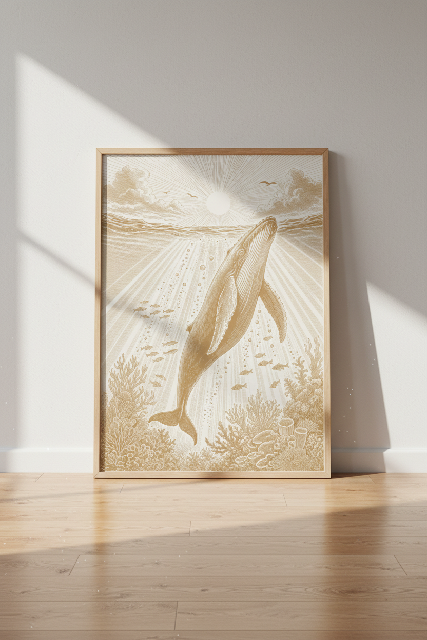 Vintage Whale Etching Wall Art | Coastal Nursery Decor | Nautical Poster