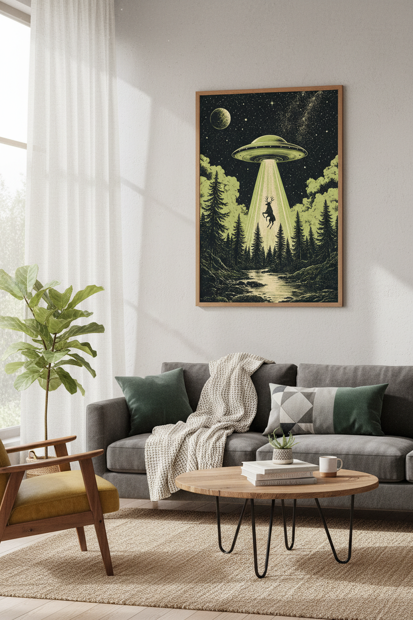 UFO Deer Abduction Wall Art | Vintage Sci-Fi Forest Print | Moody Dark Academia Poster