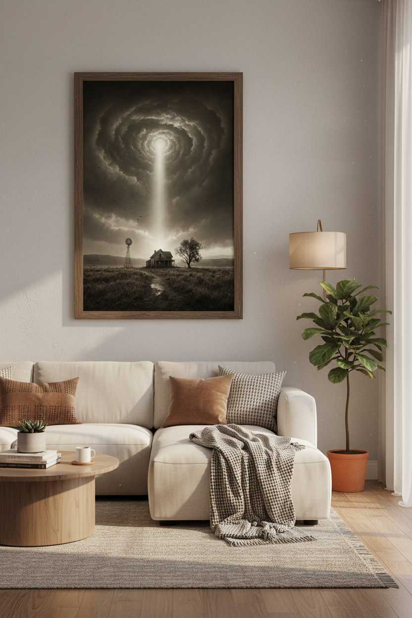Surreal Farmhouse Storm Wall Art Print | Moody Sepia Decor | Ethereal Poster