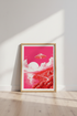 Retro UFO Sci-Fi Landscape | Pink & Red Surreal Wall Art Print, Living Room Decor