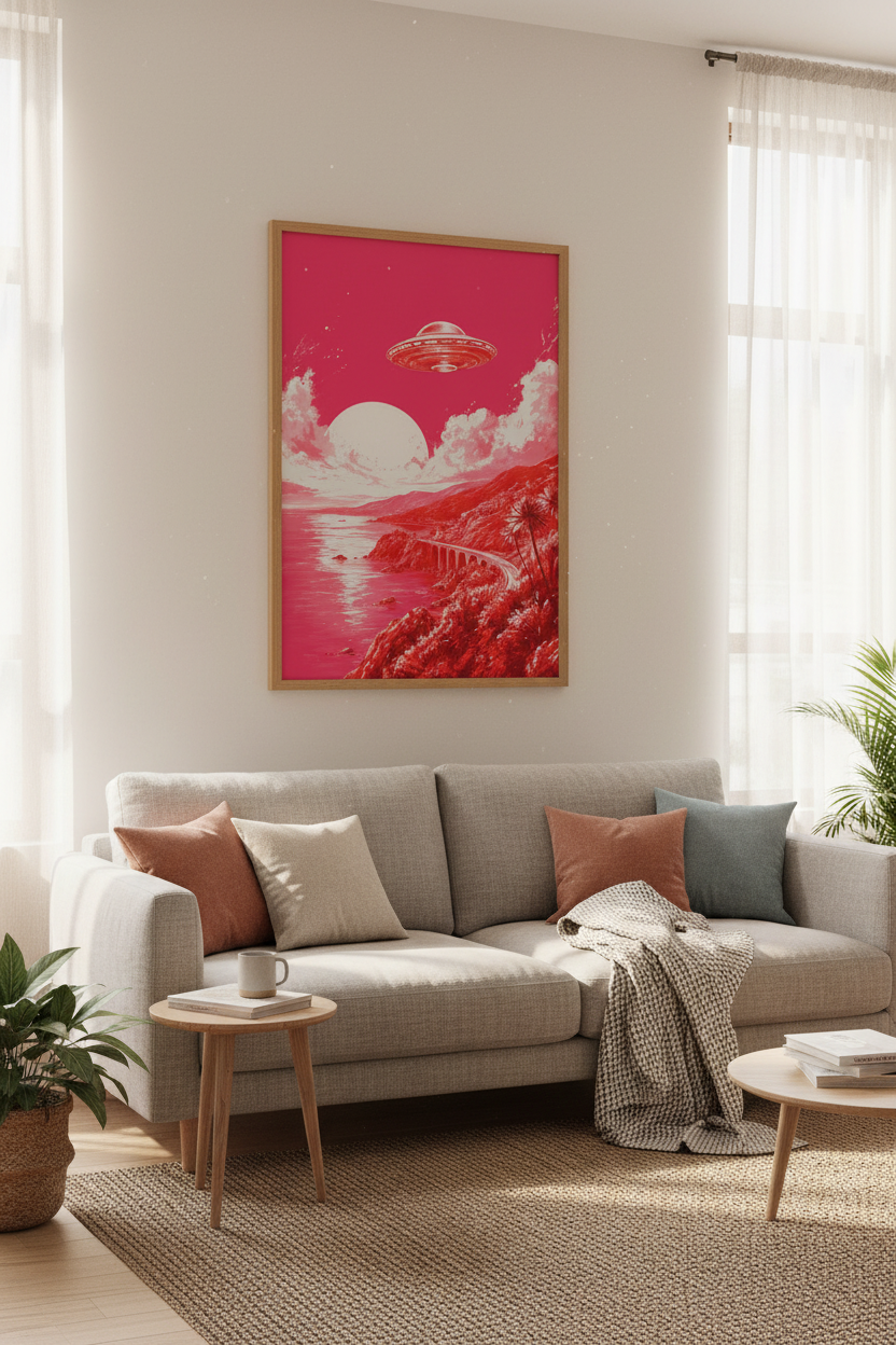 Retro UFO Sci-Fi Landscape | Pink &amp; Red Surreal Wall Art Print, Living Room Decor