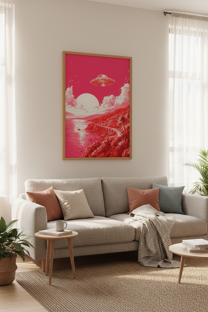 Retro UFO Sci-Fi Landscape | Pink &amp; Red Surreal Wall Art Print, Living Room Decor