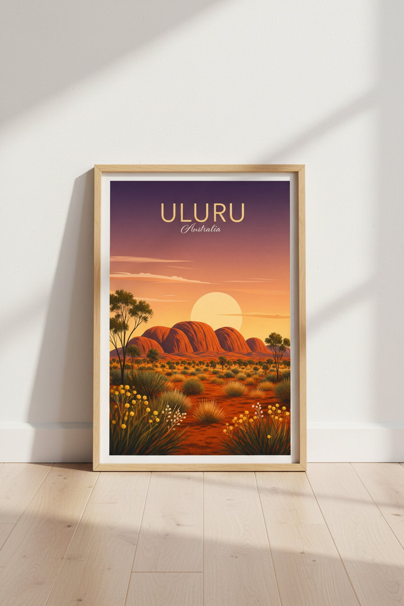 Uluru Australia Travel Poster | Sunset Desert Wall Art Print, Large Landscape Decor